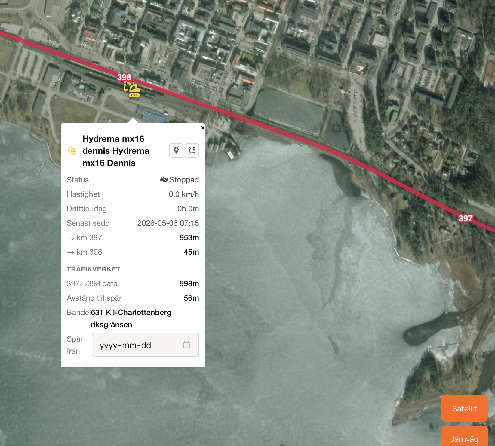 Workmap kartvyn — realtidsspårning av maskiner med satellitvy och järnvägsdata