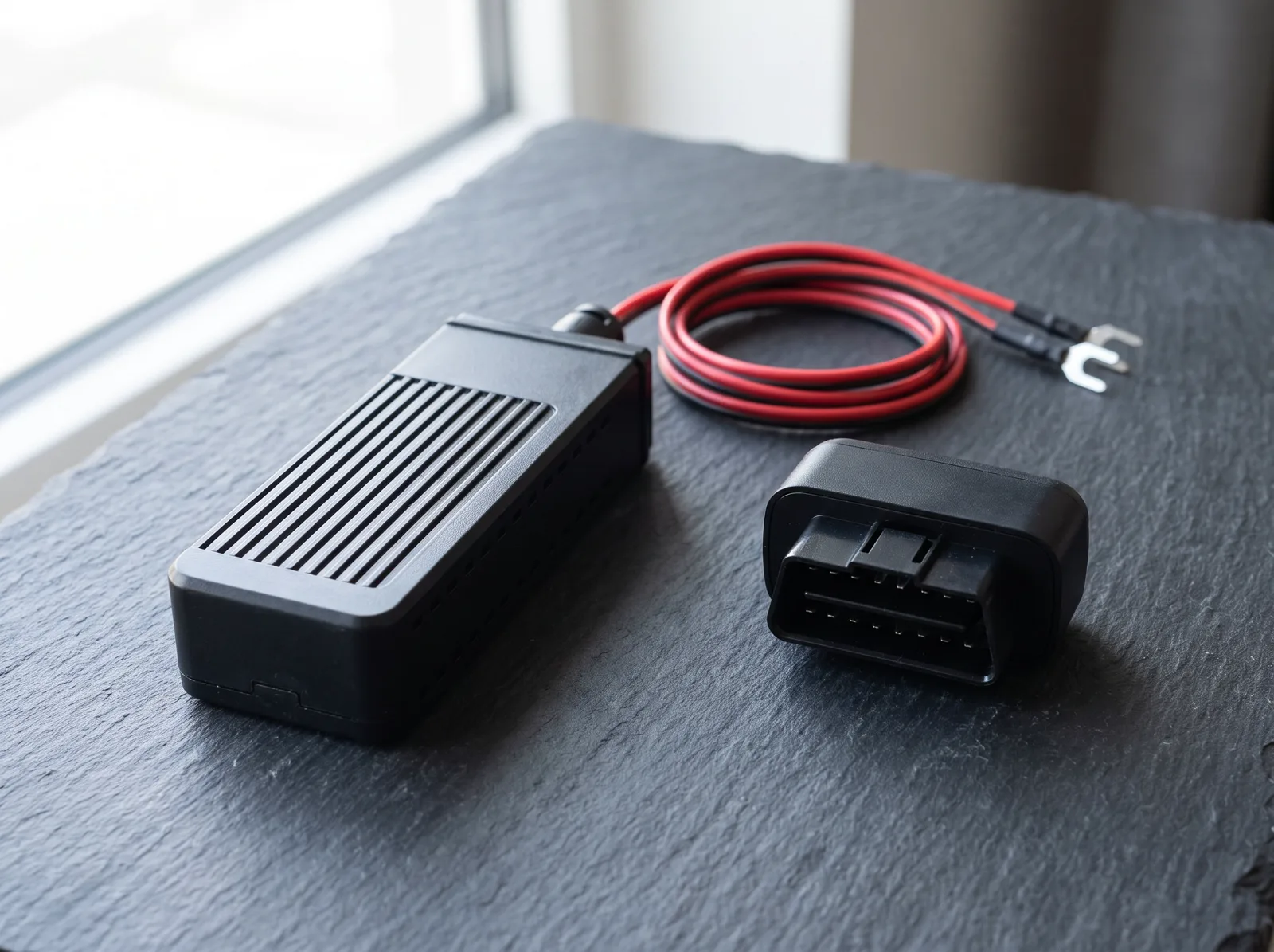 De två GPS-enheterna: den fast monterade med kabel och OBD-kontakten